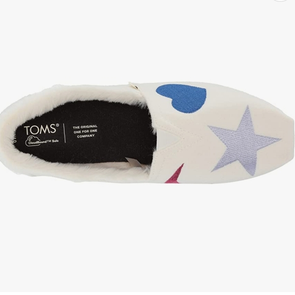 👣TOM'S 🌱ALPARGATA Paper Source Embroidered Hearts Moon Stars Sherpa Espadrille - Picture 3 of 12